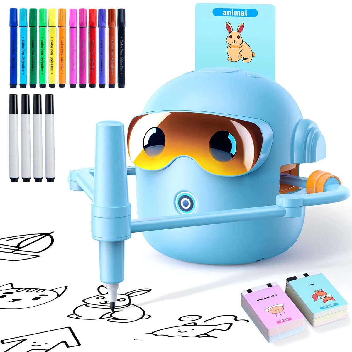 NAUQUOHZ Malroboter für Kinder, Zeichenroboter Kinder Voice-Sprachinteraktiver Pädagogischer Drawing Robot mit 100 Karten, 16 Buntstifte & Musik, EIN Geschenk für Jungen Mädchen