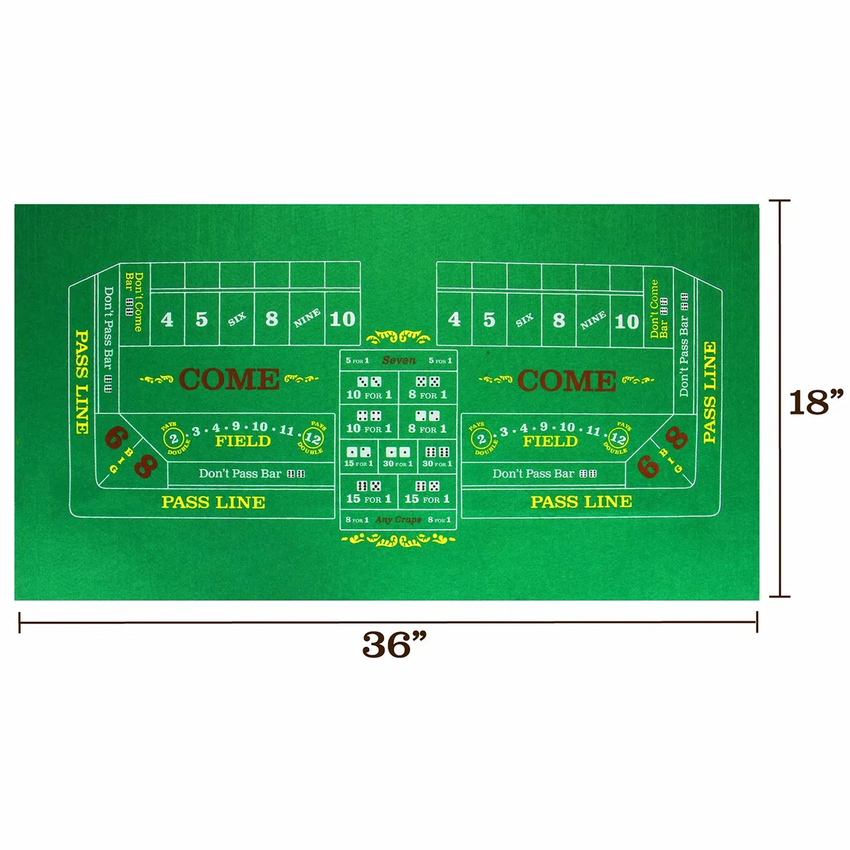 Brybelly Double-Sided Craps Table & Blackjack Casino Felt | Convenient, Space-Saving 36 x 18 Roll-up Casino Gambling Tabletop Mat | Smooth 2mm Mini-Felt for Coffee Table Craps & Blackjack