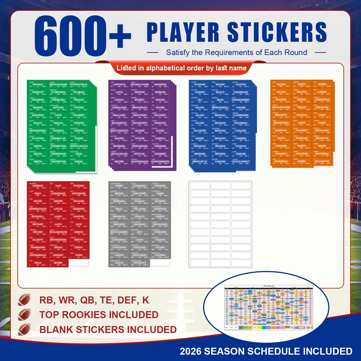 Happy Aplenty 2026 Fantasy Football Draft Board Kit, 14 Teams x 20 Runden, extra großes 15 x 100 cm Draft Board mit aktualisierten 600+ Spieler-Aufklebern, Blanko-Etiketten & Saisonplan 2026-2027
