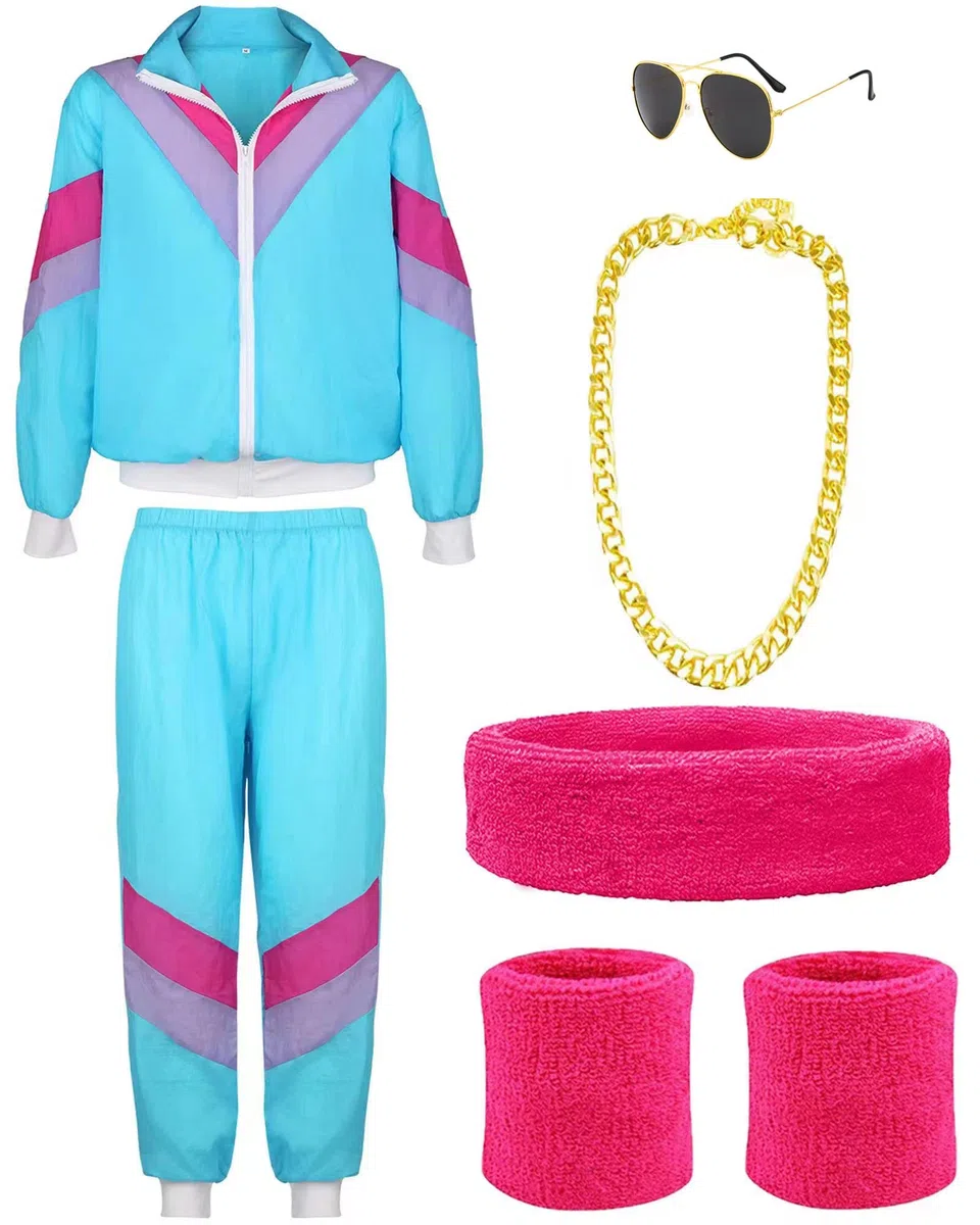 80er Jahre Kostüm Herren Trainingsanzug Jacke Hose Anzug 80er Accessoire 90er 80er Jahre Outfit 80er Jahre Kleidung Herren Damen New Kids Kostüm 80iger Schlagerparty Bad Taste Outfit Paare Karneval(M)