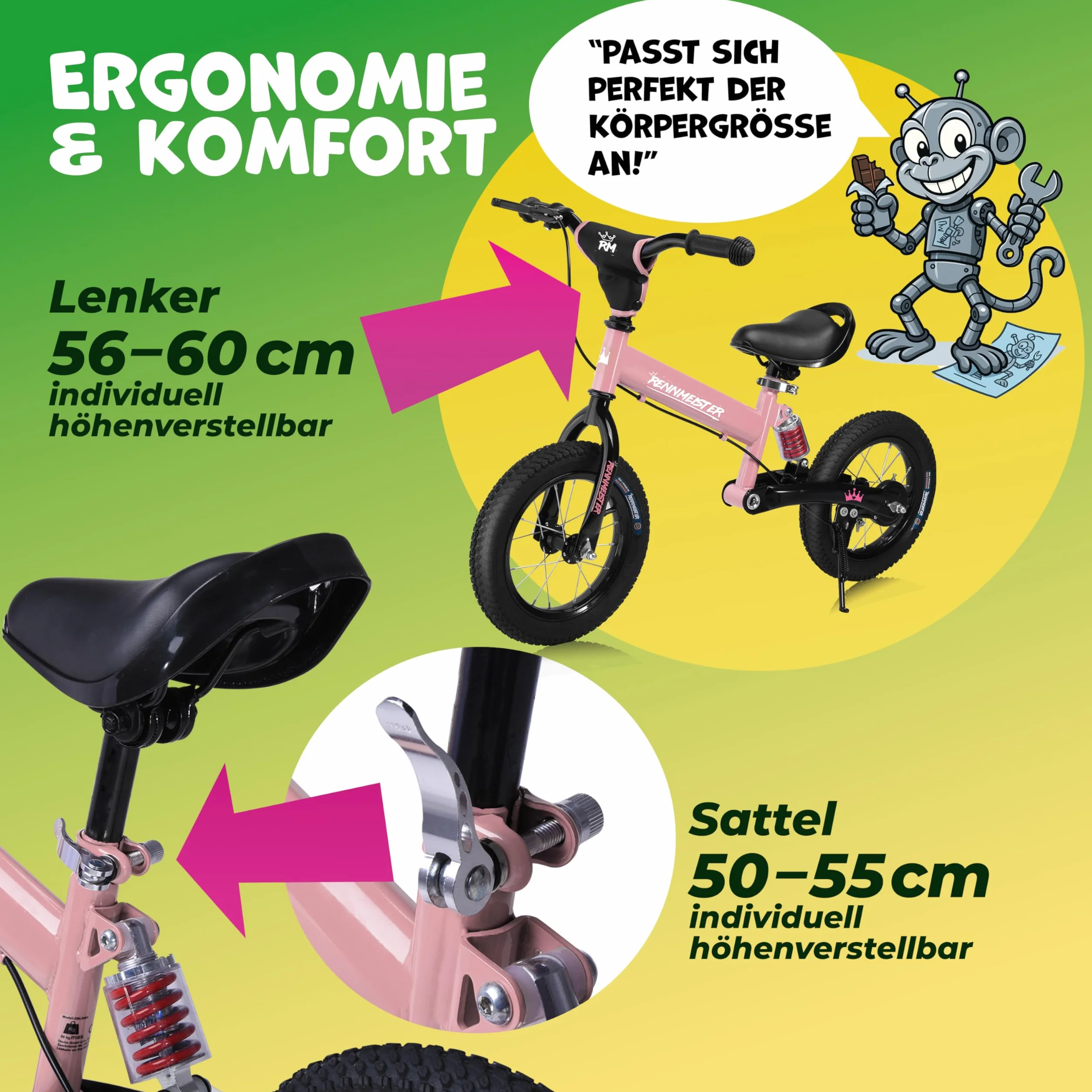 Laufrad ab 3 Jahren mit Bremse Balance Bike Kinder bis 50kg Lenker & Sattel Höhenverstellbar Lauflernrad Luftreifen Fahrradständer Federung Mädchen Rosa