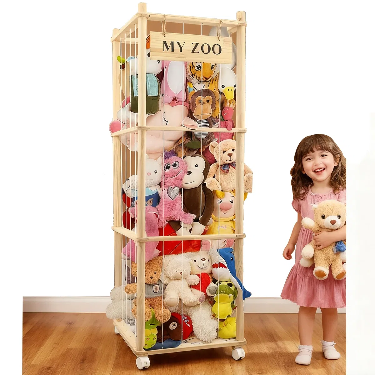 Holz Kuscheltier Aufbewahrung, 135 * 40 * 40cm Stofftier Aufbewahrung Mit 360°Bremse Ausgestattete Räder für Kuscheltiere, Stofftiere, Plüschtier, Plüschtier für Kinderzimmer, Spielzimmer, Wohnzimmer