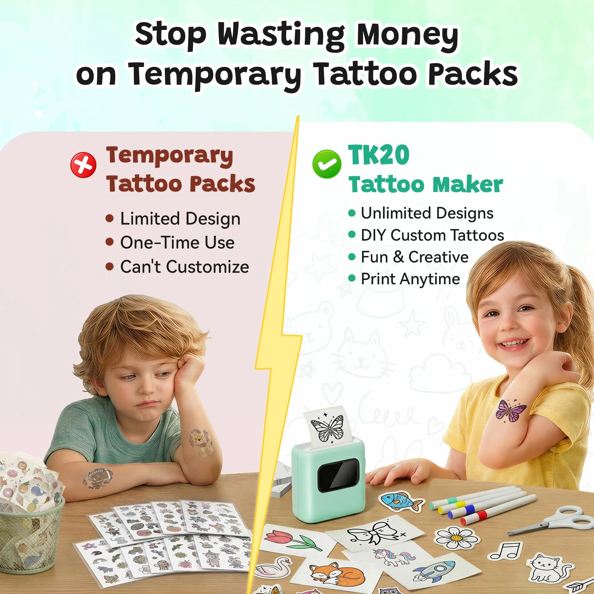 TATTMUSE Temporärer Tattoo Maker für Kinder, Temporäre Tattoos Maschine Set Kinder mit 40 Tattoo Papieren und 4 Markern, Mini Geschenk Spielzeug für mädchen 6 7 8 9 10 11 12 Jahre