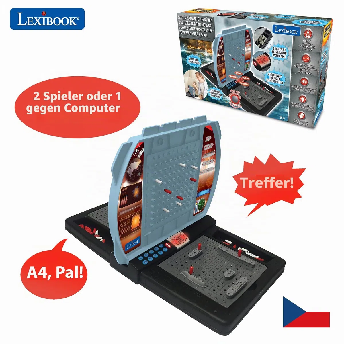 Lexibook, Sprechende Seeschlacht (Tschechisch, Polnisch, Ungarisch, Slowenisch), elektronisches Brettspiel 1 oder 2 Spieler, interaktiv, Licht- und Soundeffekte, Strategie, batteriebetrieben, GT2800i2