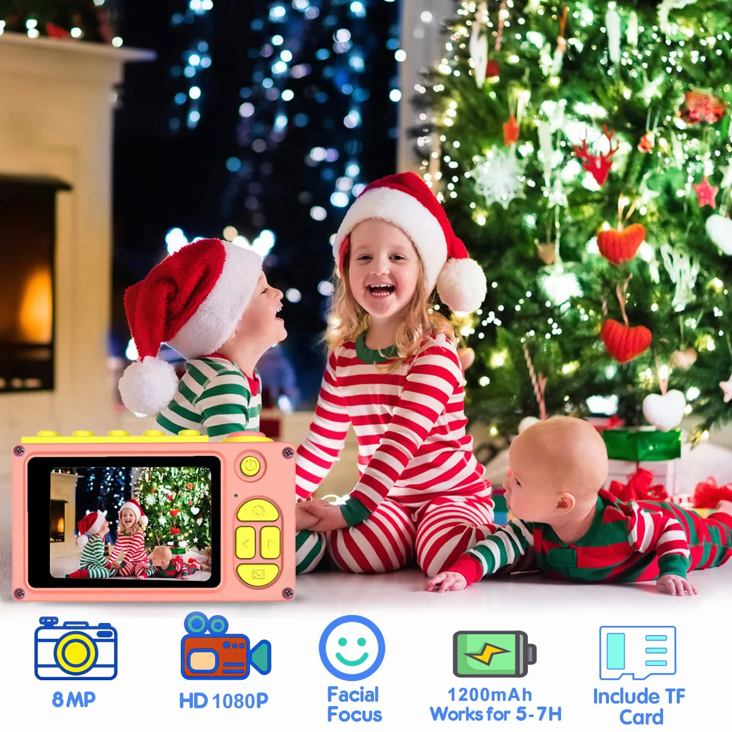 ShinePick Fotoapparat für Kinder, Wasserdicht / 8MP / HD 1080P / 2 Inch Bildschirm / Foto & Video / Rahmen / Filter, Digitalkamera mit Speicherkarte, Geschenke (Rosa)