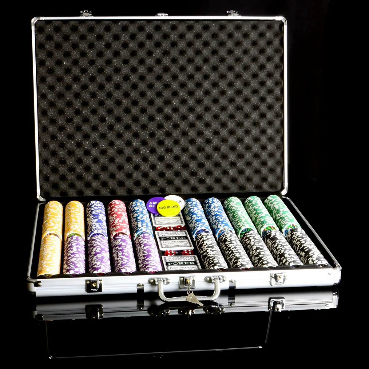 Nexos Trading Pokerkoffer 1000 abgerundete Ocean Champion Chips hochwertige Metallkern Jetons 12 g Pokerset 3 Pokerdecks Aluminiumkoffer Black Jack Texas Holdem