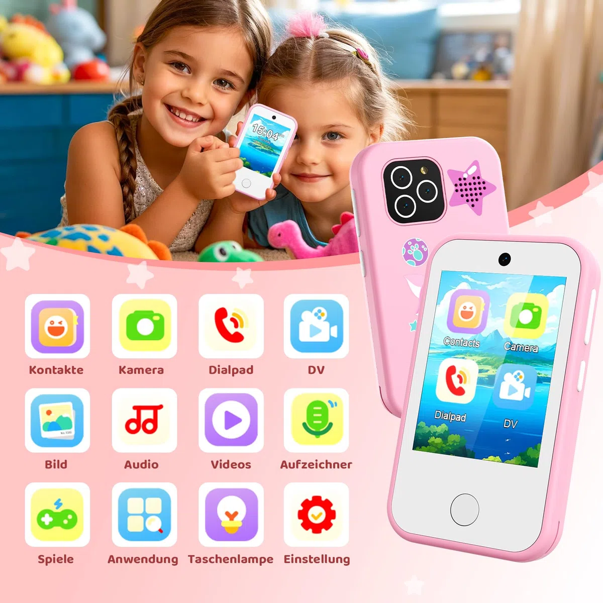4G Kinderhandy Spielzeug mit Dual Kamera Kinderkamera 2.8 Inch Touchscreen Kindertelefon Lerntelefon Lernspielzeug Jungen Mädchen 3 4 5 6 7 8 9 Jahre Geburtstags Geschenke Fuchs Rosa