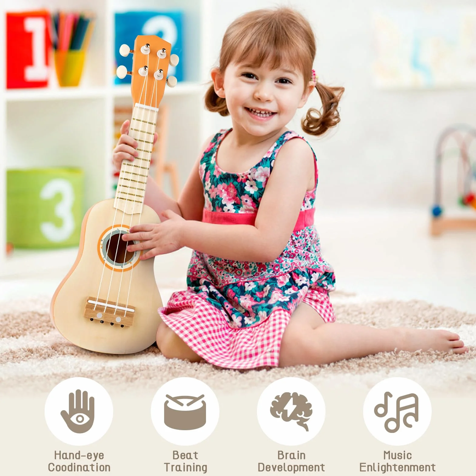 Kindergitarre Musikinstrumente für Kinder Kinderspielzeug Ukulele Maracas Schlagzeug Kinder Holzspielzeug Montessori Spielzeug Baby Spielzeug 2 3 4 Jahre