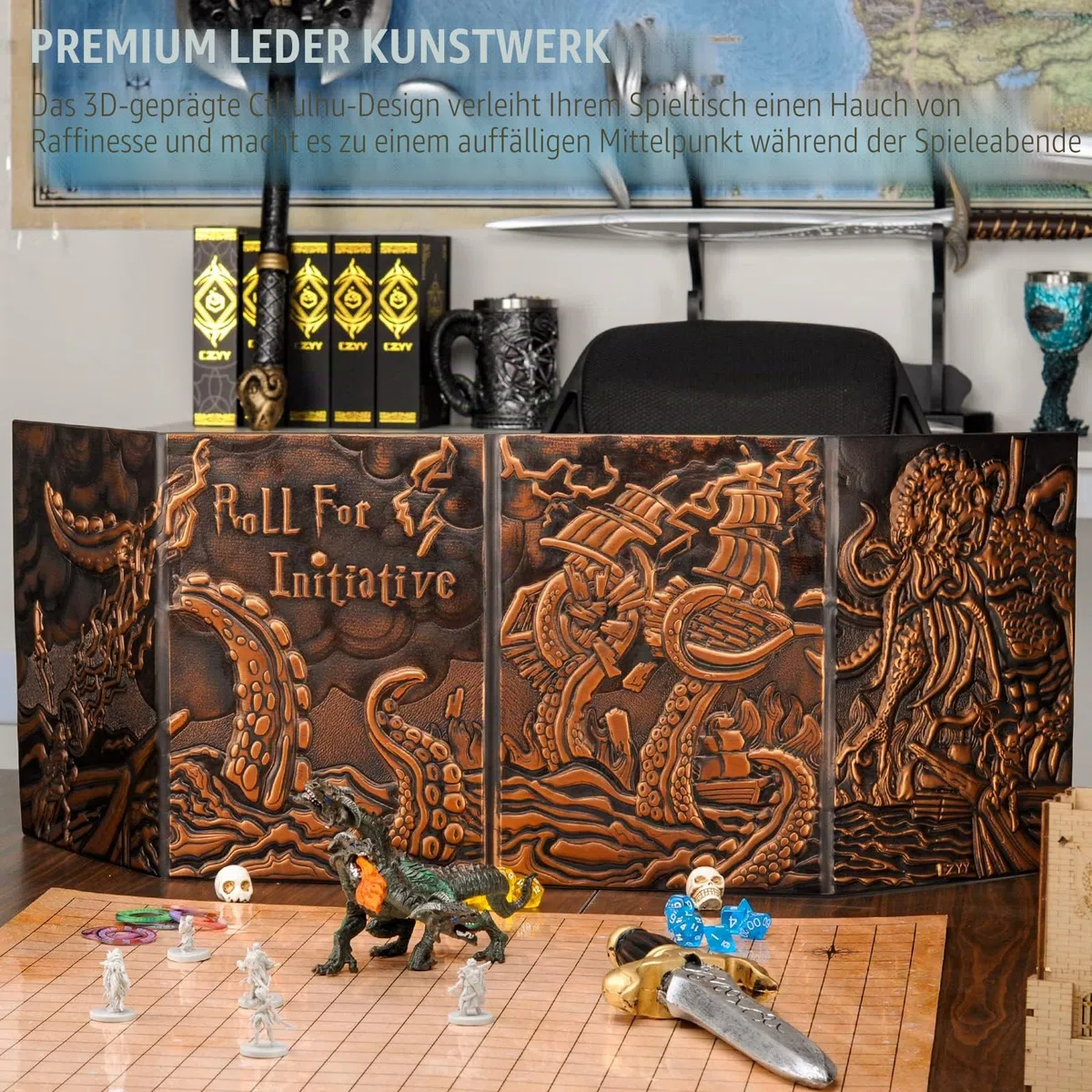 CZYY DND Dungeon Master Screen Vier-Panel mit Taschen, Kunstleder 3D geprägt mit Cthulhu - Inklusive DM-Bildschirmeinlagen und Aufbewahrungskoffer