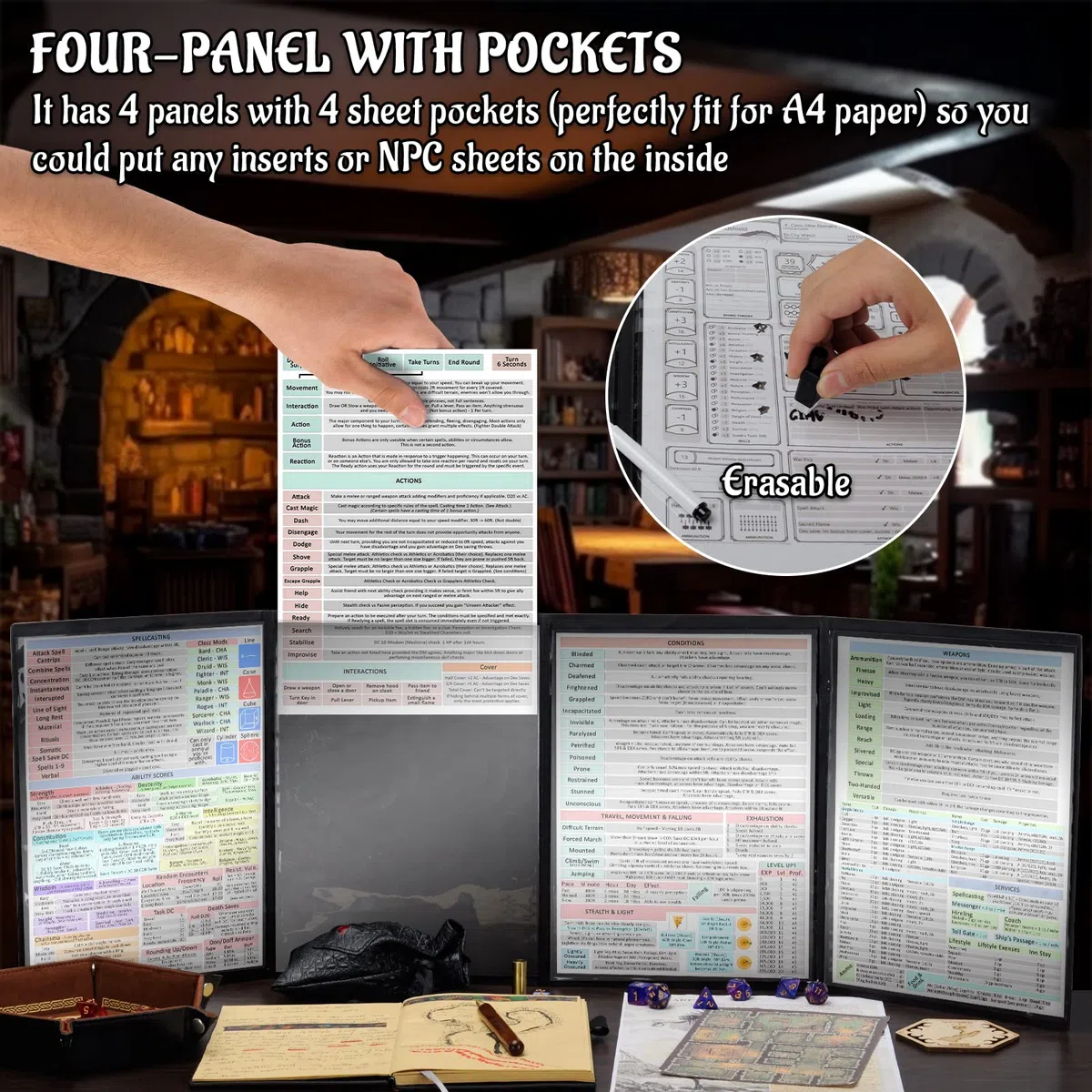 CZYY DND Dungeon Master Screen Vier-Panel mit Taschen, Kunstleder 3D geprägt mit Cthulhu - Inklusive DM-Bildschirmeinlagen und Aufbewahrungskoffer