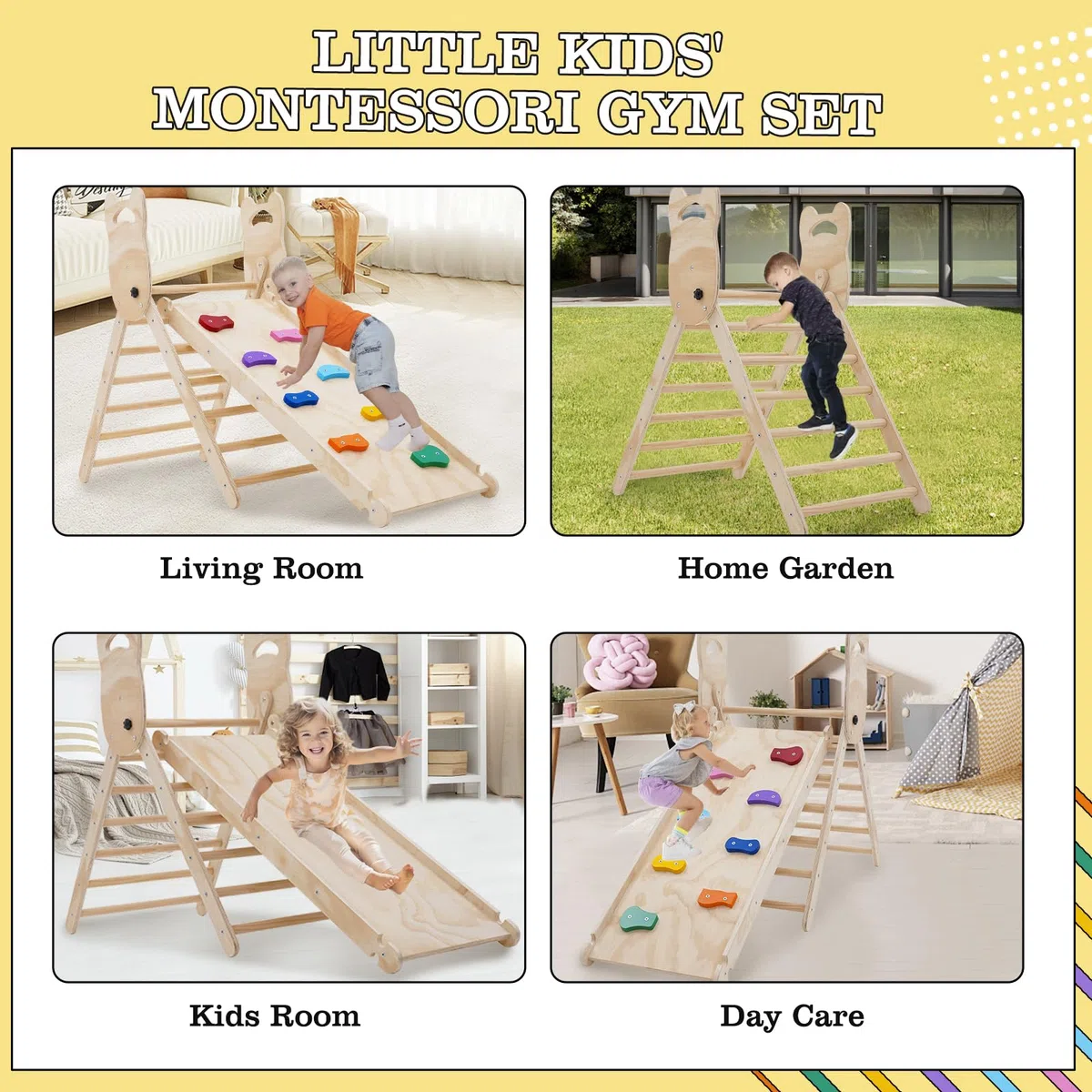 NUKied Kletterdreieck mit Rutsche,Faltbares Holz klettergerüst Indoor Set,Kleinkind Holzkletter Dreieck mit Schieberampe, Baby-Klettergerüst,kletterdreieck mit Rutsche für Kinder ab 3 Jahren