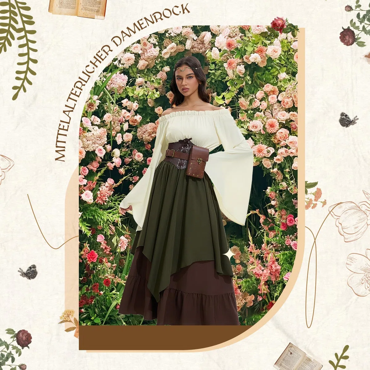 Mittelalter Kleidung Damen, Renaissance Kleid Damen und Off Shoulder Bluse mit Corsett, Gürteltasche, Kopfschmuck, Gürtel, Viktorianisches Kostüm für Halloween Karneval