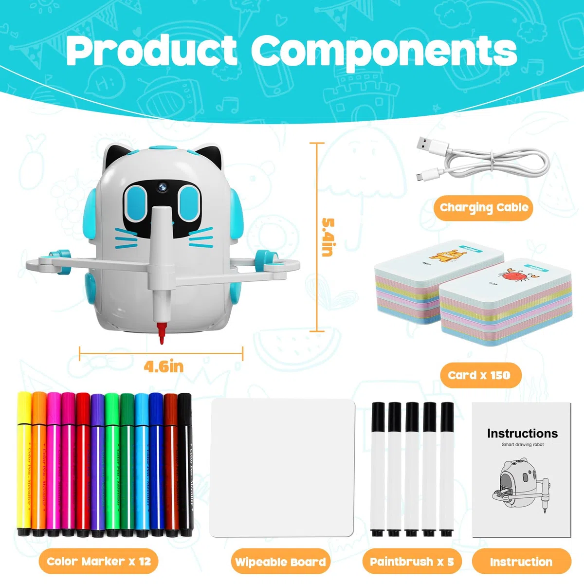 Intelligenter Zeichenroboter für Kinder mit Kameraerkennung – Zeichenprojektor für Kinder 3+ Jahre, Interaktiver Bildungs Roboter mit 150 Karten & 12 Bunten Stiften, Kinder