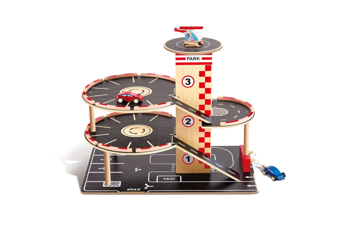 Hape Parkhaus Spielset - aus Holz, Autogarage auf DREI Ebenen mit Autos und Hubschrauber, fördert Motorik, Rollenspiel & Kreativität, Spielzeug für Kinder ab 3 Jahren