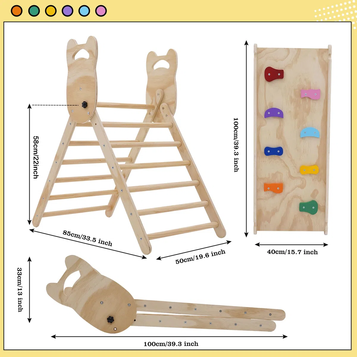 NUKied Kletterdreieck mit Rutsche,Faltbares Holz klettergerüst Indoor Set,Kleinkind Holzkletter Dreieck mit Schieberampe, Baby-Klettergerüst,kletterdreieck mit Rutsche für Kinder ab 3 Jahren