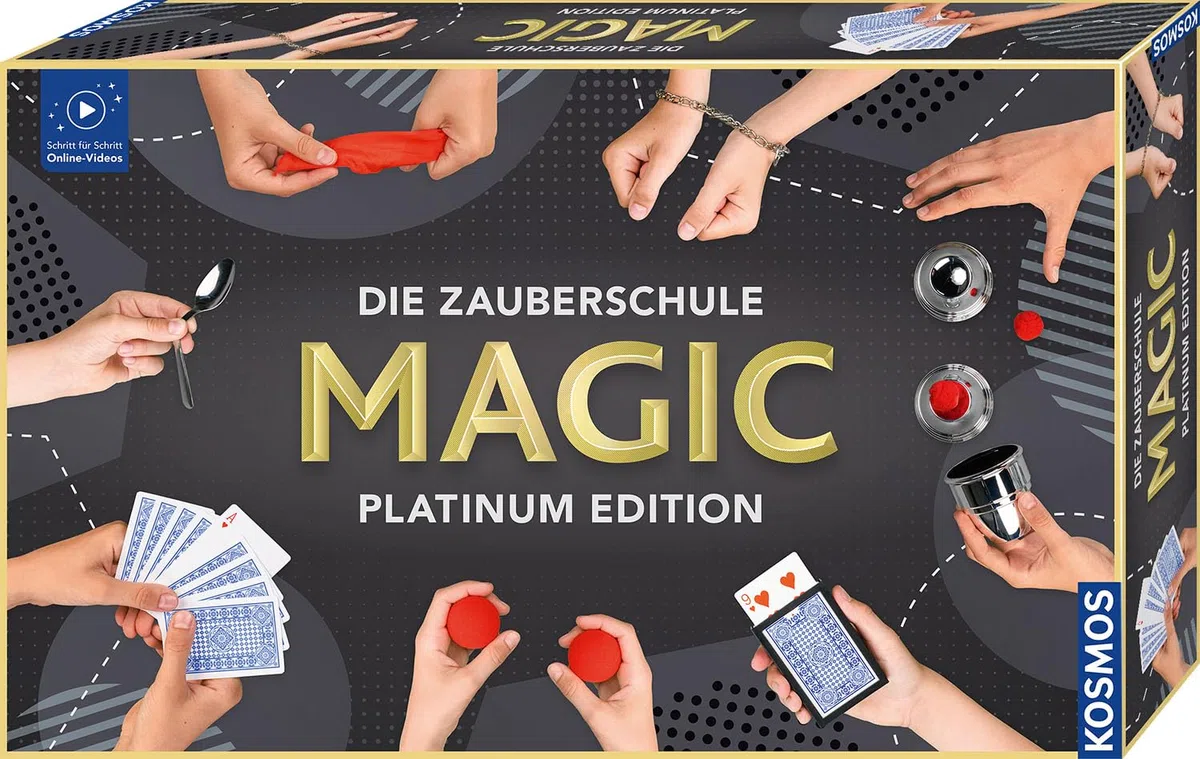 KOSMOS 697082 MAGIC Die Zauberschule - Platinum Edition, 180 Zauber Tricks, viele magische Zauber Utensilien, Zauberkasten für Kinder ab 8 Jahre, bebilderte Anleitung, Online Erklärvideos