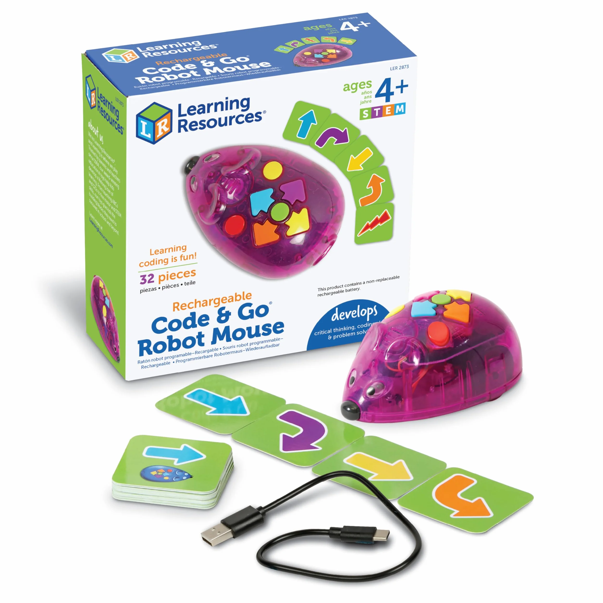 Learning Resources Code & Go Roboter-Maus, wiederaufladbar, Spielzeug für 4-jährige Jungen und Mädchen, bildschirmfreier interaktiver programmierbarer Roboter