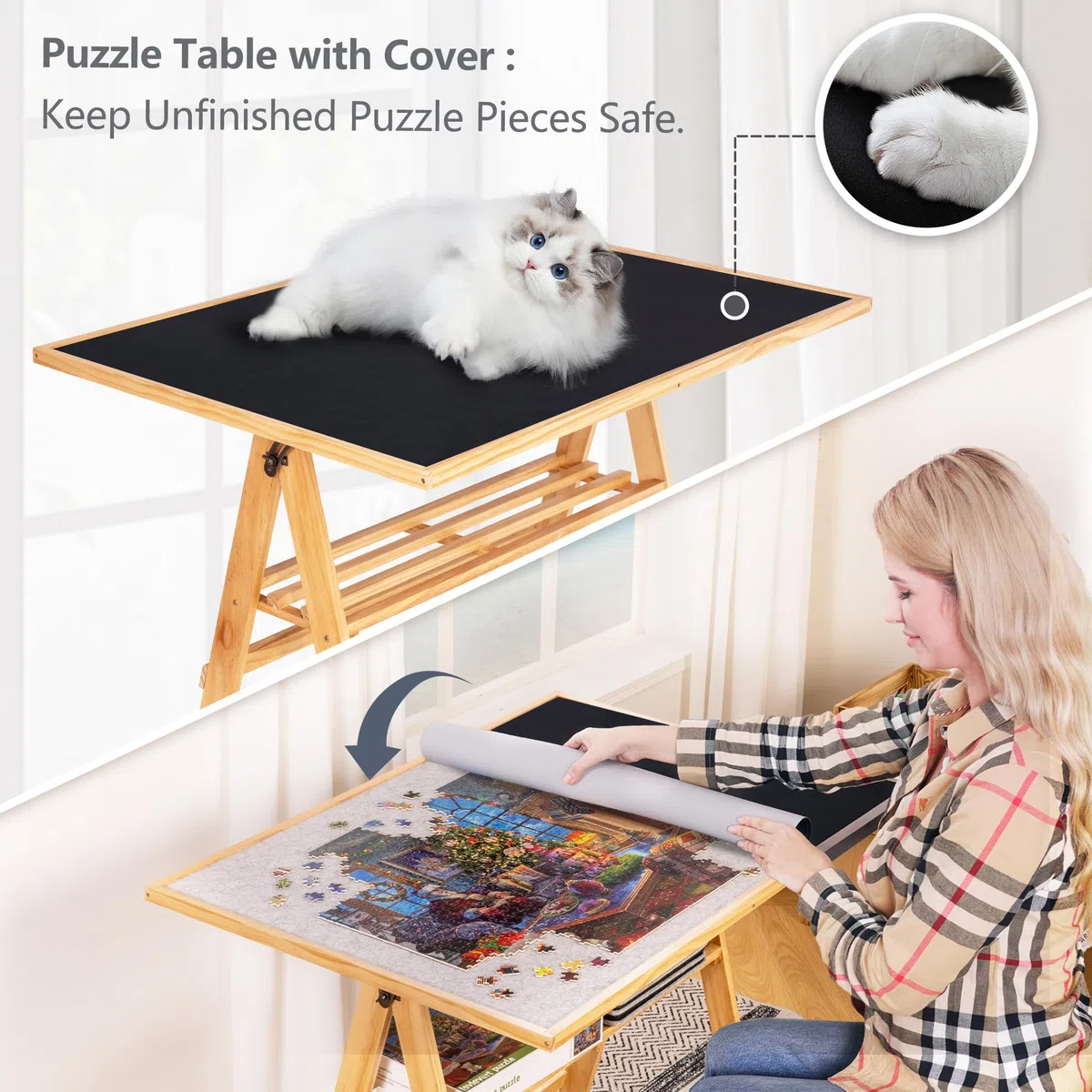 LAVIEVERT Puzzletisch mit Tischbeinen & Abdeckung, verstellbare Holz-Puzzlebrett-Staffelei mit Ablage, tragbarer kippbarer Puzzletisch mit 4 Rollrädern, für Puzzles mit 1500 Teilen