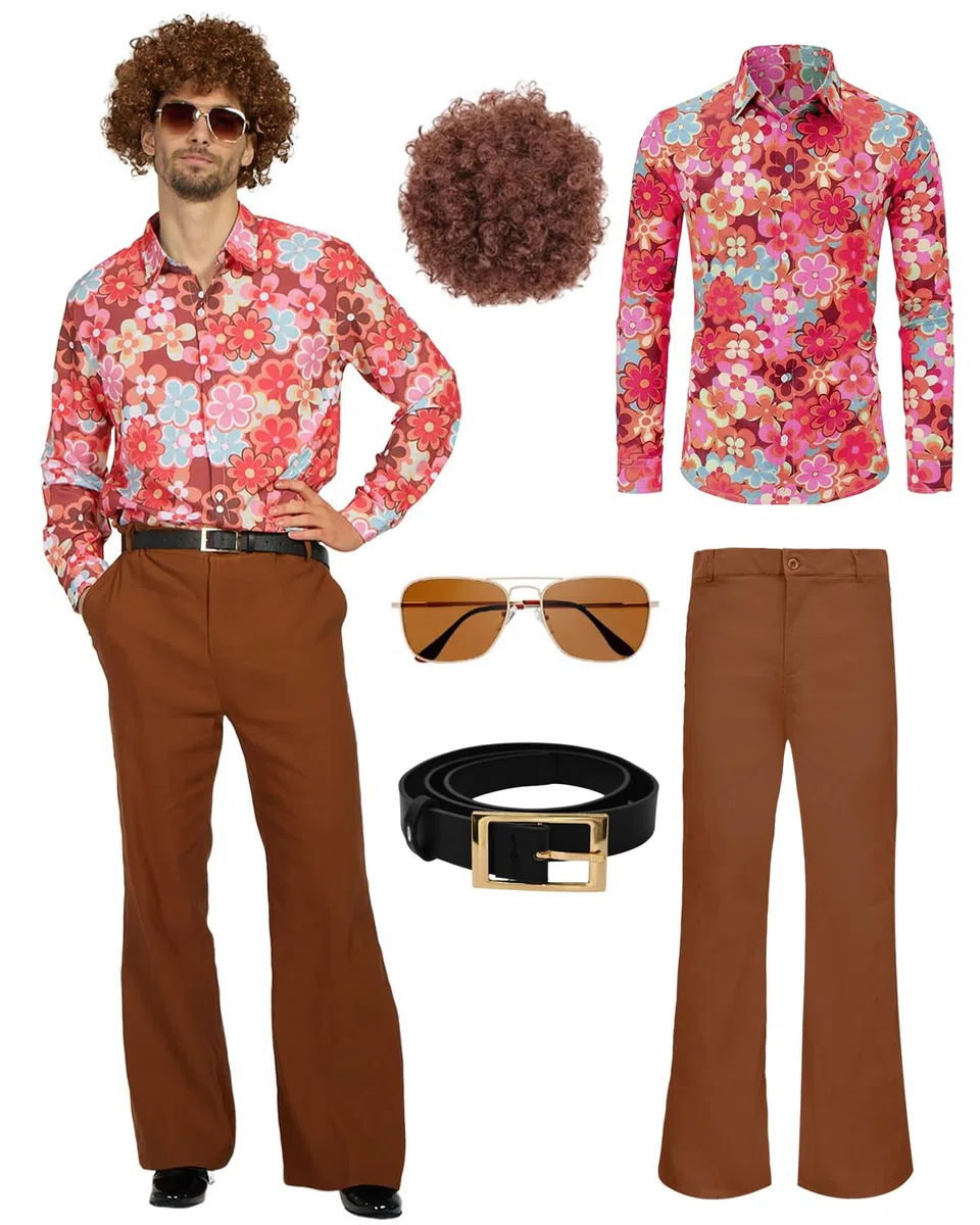 70er Jahre Disco Kostüm Set Hippie Herren Outfit mit Schlaghose Hemd 80s Fasching Bekeidung für 50s 60s 70s Cosplay Halloween Party