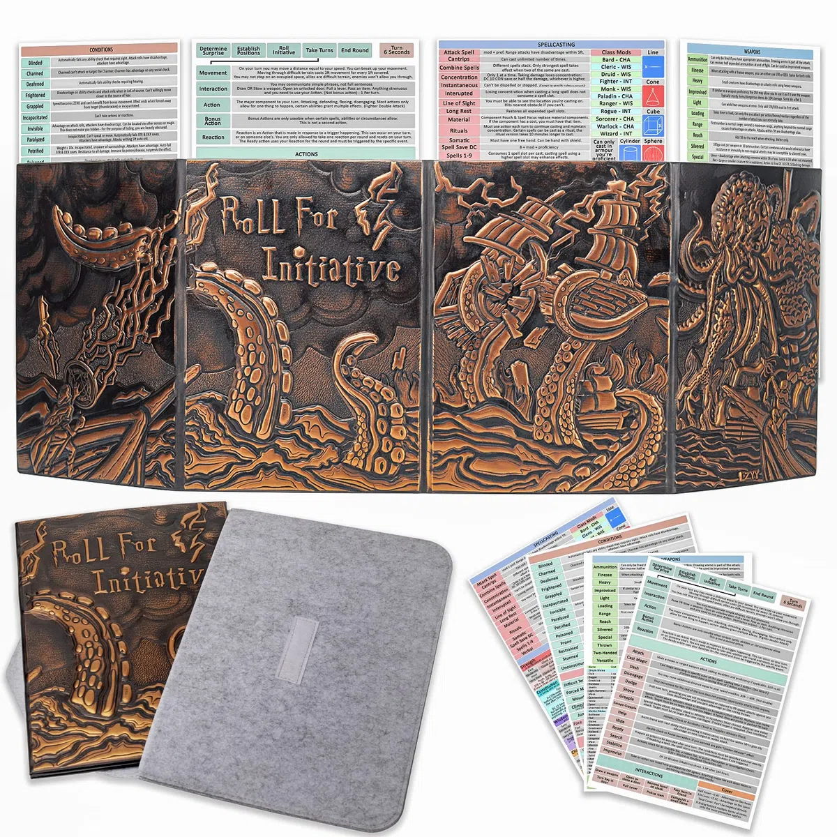 CZYY DND Dungeon Master Screen Vier-Panel mit Taschen, Kunstleder 3D geprägt mit Cthulhu - Inklusive DM-Bildschirmeinlagen und Aufbewahrungskoffer