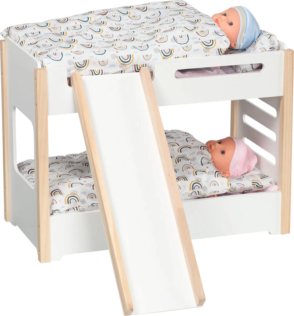 goki 51451 - Puppen-Etagenbett aus Holz, inklusive Rutsche für das Stockbett, ideales Zubehör für das Puppenzimmer, stabil und langlebig im Kinderzimmer, 52 x 28 x 39cm, ab 3 Jahre