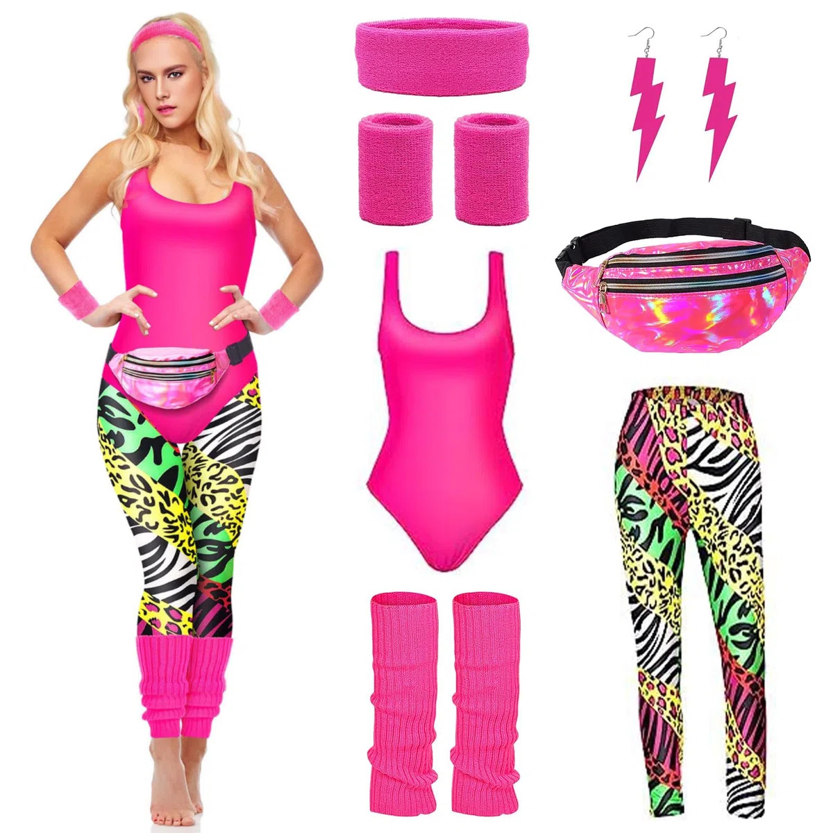 DAZZTIME 80er Jahre Outfit Damen,Damen 80er Jahre Workout Kostüm,80er Jahre Accessoires,90er Jahre Outfit,mit Bauchtasche,Stirnband,Beinwärmer,für Karneval,Halloween,Fasching,Mottoparty