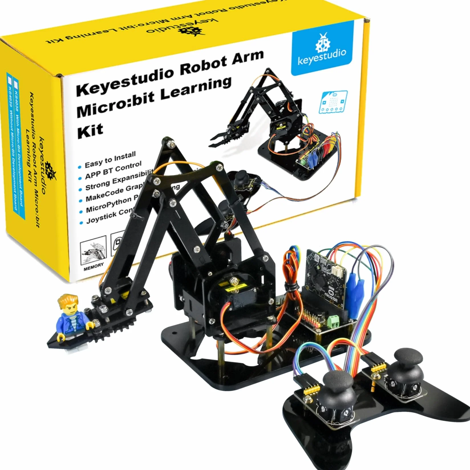 KEYESTUDIO BBC Micro:bit 4 DOF Robot Arm Kit with Microbit V2 (inculude), STEM Education Kit with MakeCode/Python Coding for Programming Learning of 14+ Teenagers