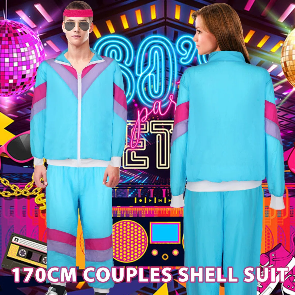 80er Jahre Kostüm Herren Trainingsanzug Jacke Hose Anzug 80er Accessoire 90er 80er Jahre Outfit 80er Jahre Kleidung Herren Damen New Kids Kostüm 80iger Schlagerparty Bad Taste Outfit Paare Karneval(M)