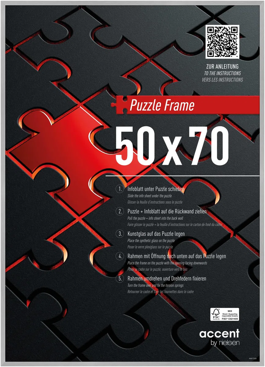 accent by nielsen Puzzlerahmen, 50 x 70 cm, Aluminium, Struktur Silber Matt, Posterrahmen zum Aufhängen im Hoch- & Querformat, bruchsicheres Kunstglas, Puzzle