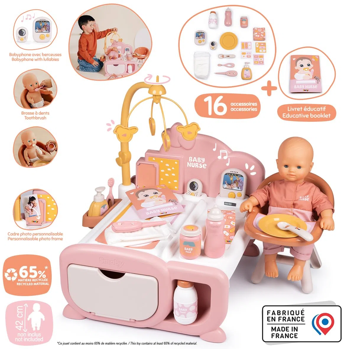 Smoby – Baby Nurse Cocoon 3-in-1 Puppenmöbel – Spielset mit Pflege-, Schlaf- & Essbereich – 16 Zubehörteile – Für Puppen bis 42 cm (Puppe Nicht enthalten), mit recyceltem Material, ab 3 Jahren