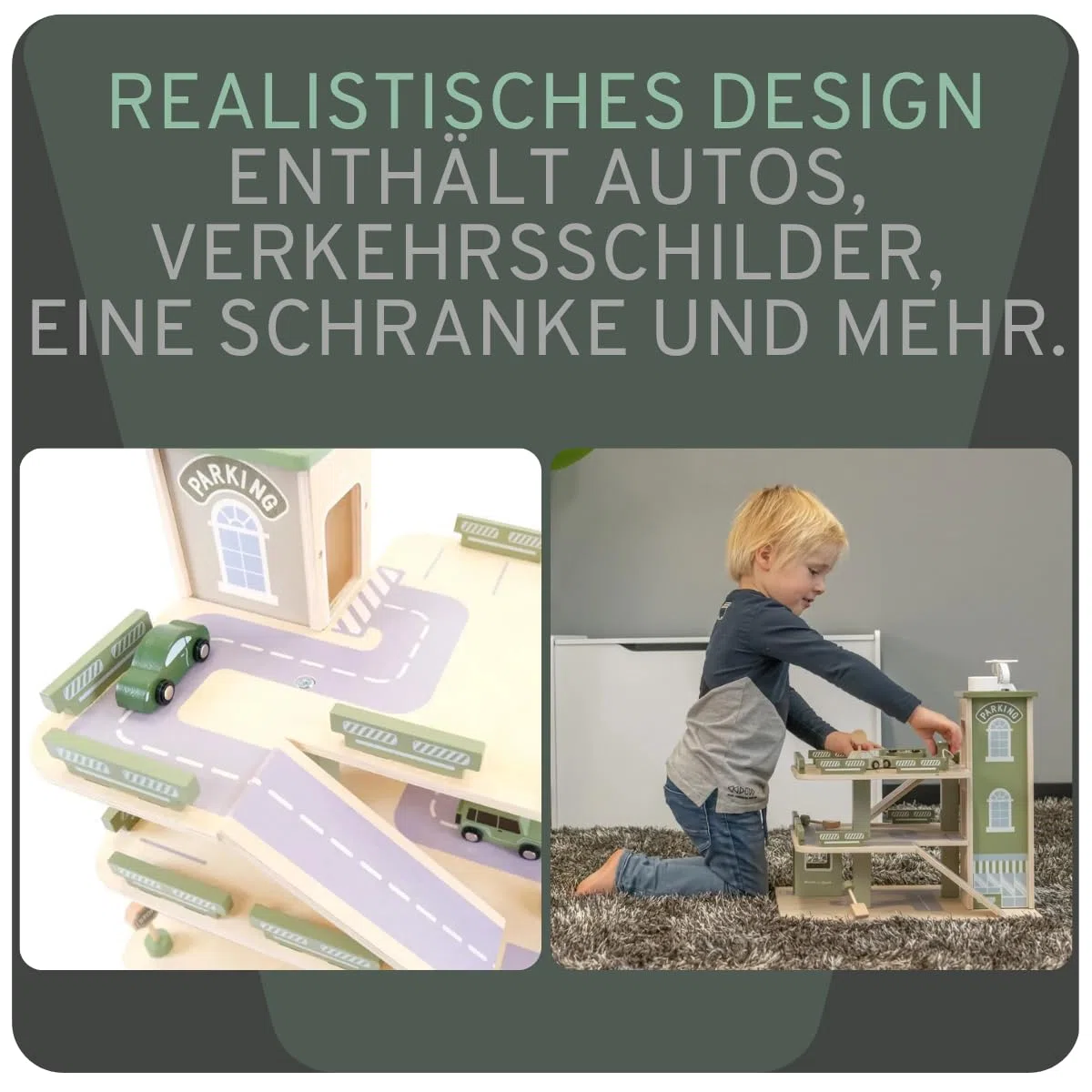 Bandits & Angels Holzspielzeuggarage Bandits Parkerlebnis mit 3 Etagen und Aufzug – inklusive 4 Autos – Spielzeugautogarage aus Holz – Retro-Grün