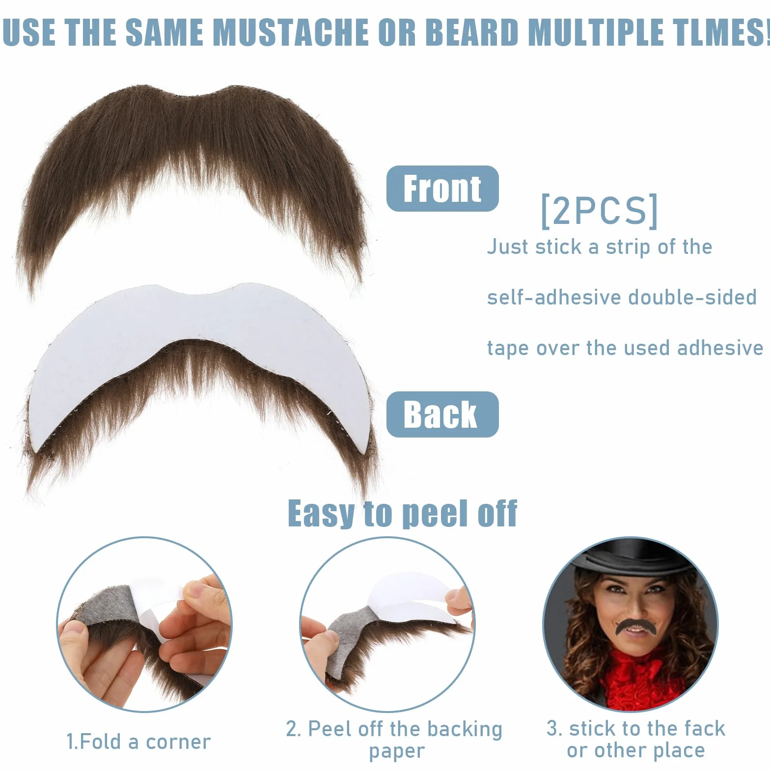 Schnurrbart zum Ankleben Fake bart Schnurrbart für Cosplay Kostüme und Halloween Partys (Braun) (2)
