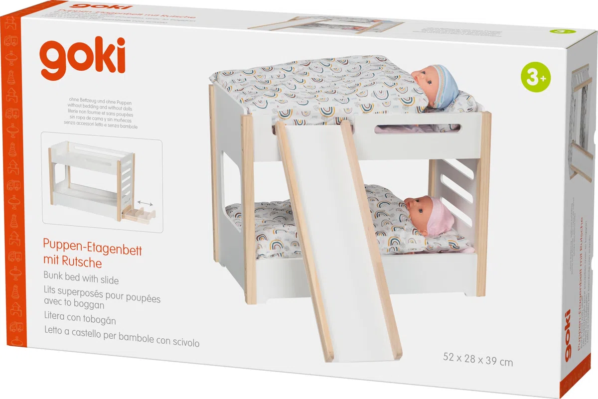 goki 51451 - Puppen-Etagenbett aus Holz, inklusive Rutsche für das Stockbett, ideales Zubehör für das Puppenzimmer, stabil und langlebig im Kinderzimmer, 52 x 28 x 39cm, ab 3 Jahre