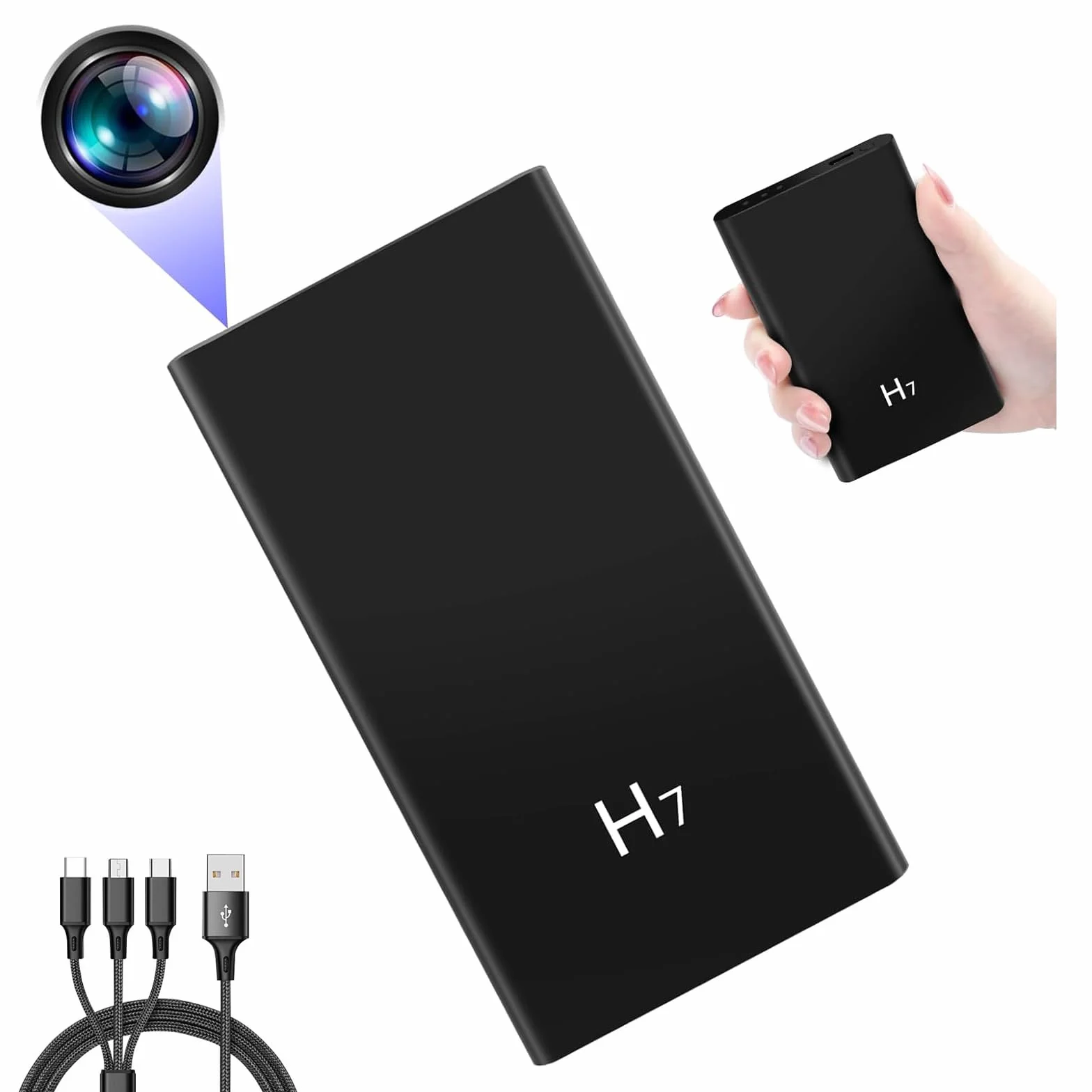 Powerbank-Minikamera, HD 1080P Klein Kamera mit Nachtsichtfunktion, Videokamera, 5000mAh Powerbank-Kamera mit 3-in-1-USB-Kabel