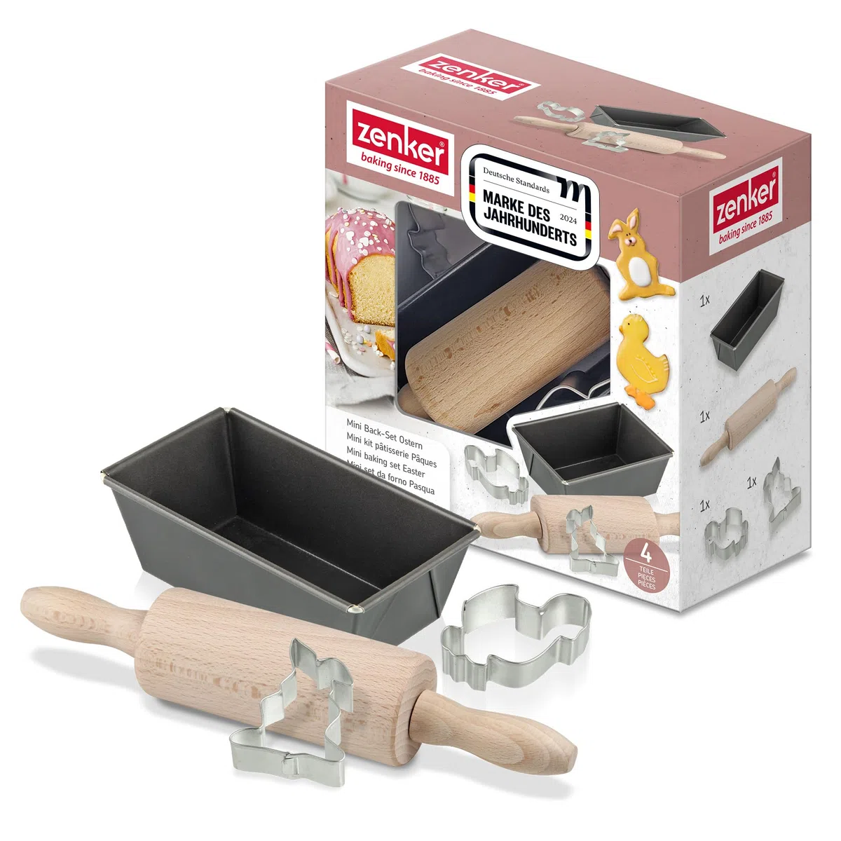 Zenker Mini Backset Ostern 4er-Set – Ideal für Kreative Osterbäckerei – Kleine Teigrolle, Kastenform klein & Zwei Ausstecher mit Ostermotiven – Kinder Backutensilien Backzubehör