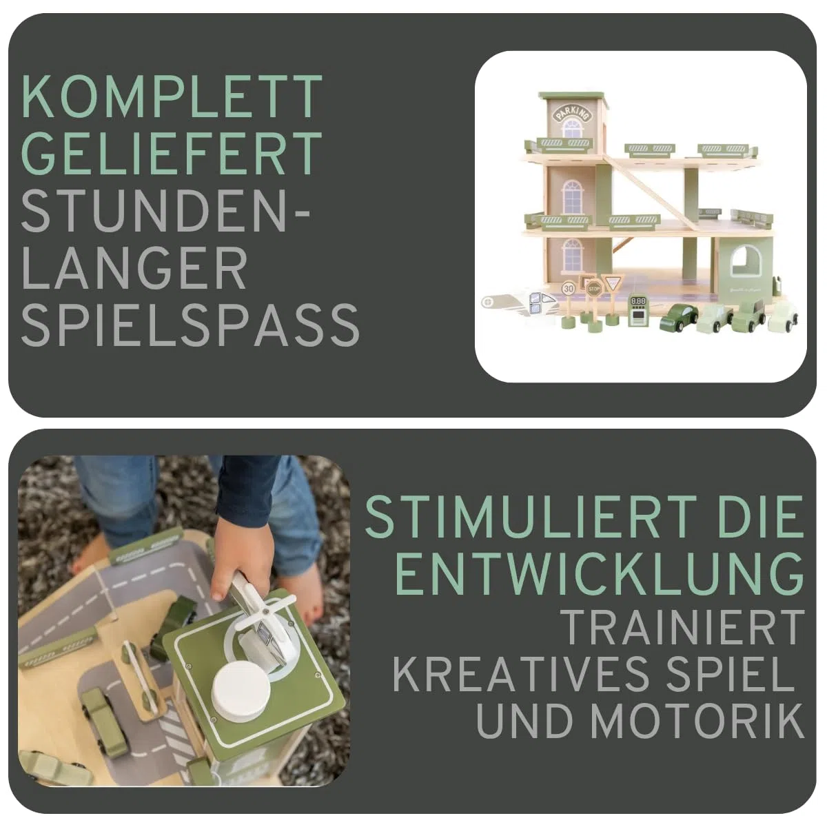 Bandits & Angels Holzspielzeuggarage Bandits Parkerlebnis mit 3 Etagen und Aufzug – inklusive 4 Autos – Spielzeugautogarage aus Holz – Retro-Grün