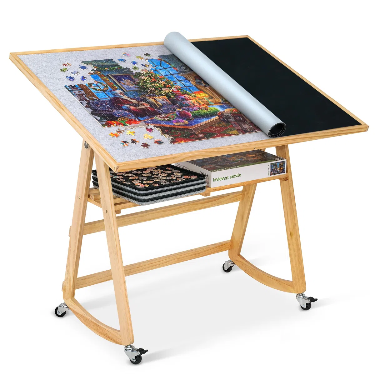 LAVIEVERT Puzzletisch mit Tischbeinen & Abdeckung, verstellbare Holz-Puzzlebrett-Staffelei mit Ablage, tragbarer kippbarer Puzzletisch mit 4 Rollrädern, für Puzzles mit 1500 Teilen