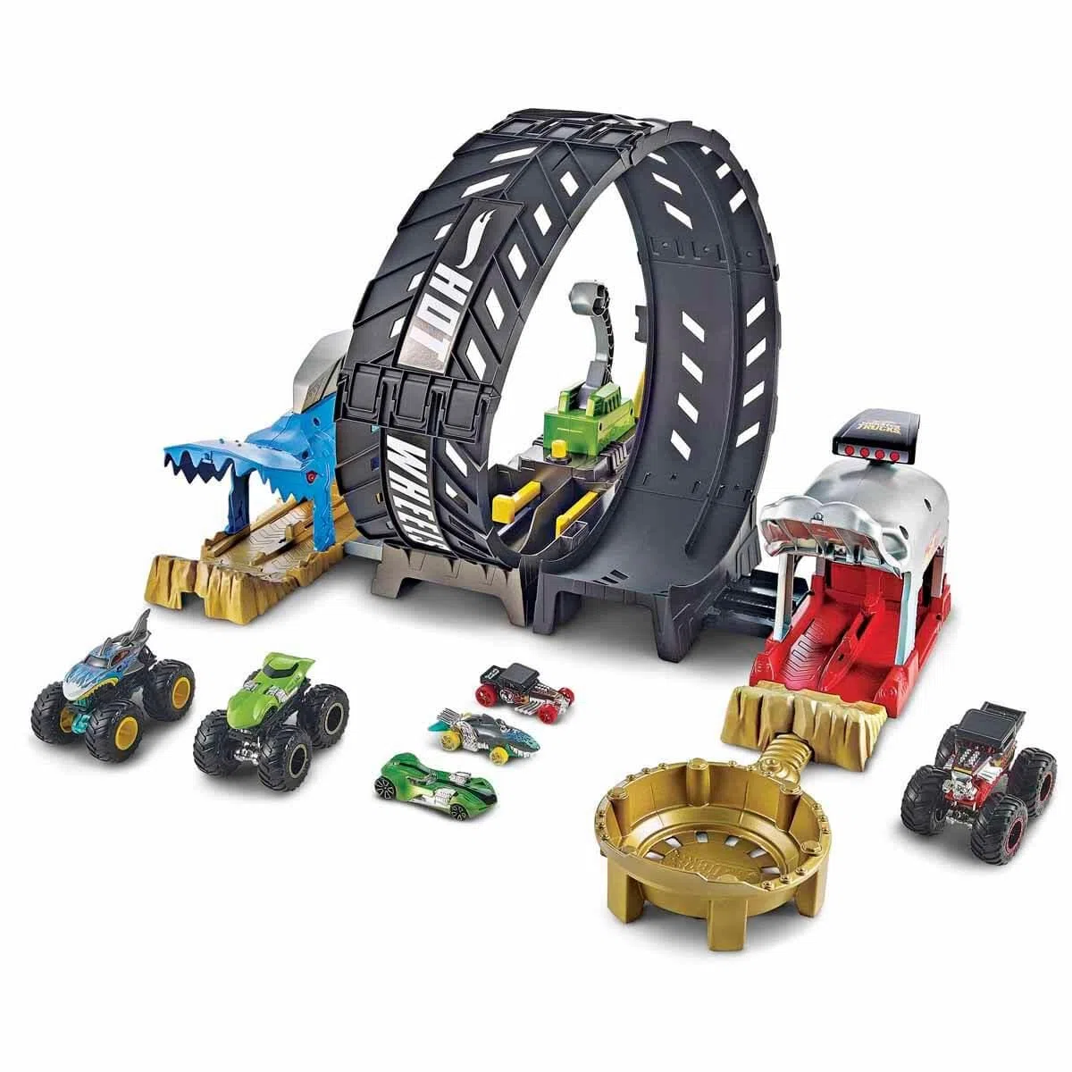 Hot Wheels HBH70 - Monster Trucks Looping-Challenge Spielset mit 1 Monster Truck und 1 Hot-Wheels-Fahrzeug im Maßstab 1:64, Spielzeug Autorennbahn für Kinder von 4 bis 8 Jahre