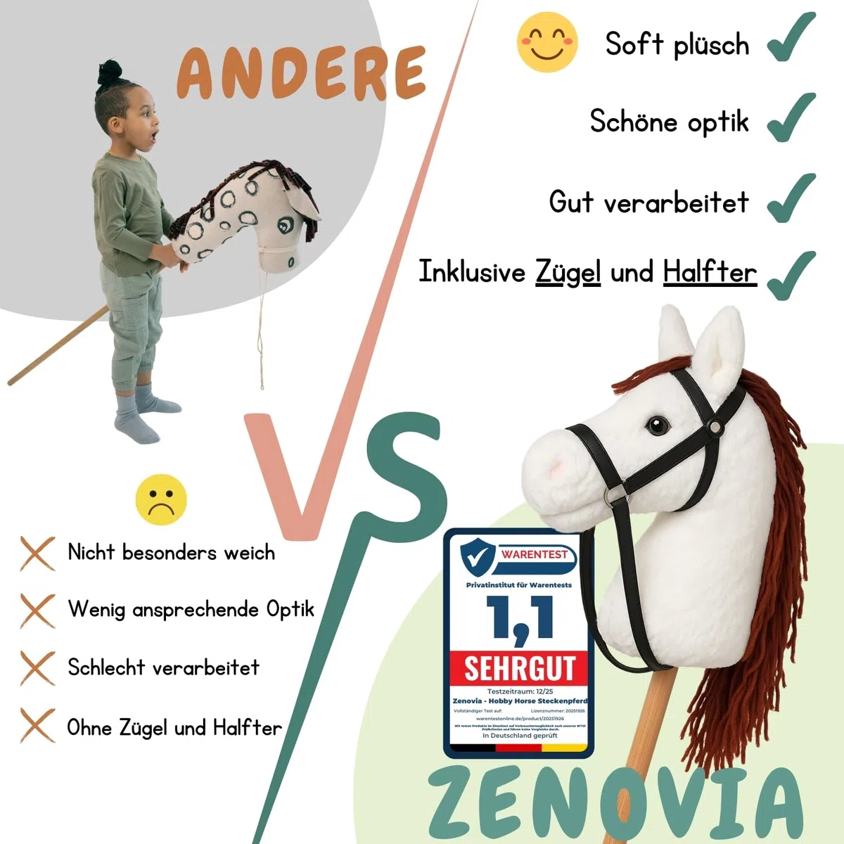 Zenovia Hobby Horse Steckenpferd Braun – Turnierfähiges Stockpferd ab 3 bis 6 Jahren Jahren – ohne Räder, Griffe & Geräusche – leicht & realistisch – für Hobby Horsing – in Geschenkverpackung