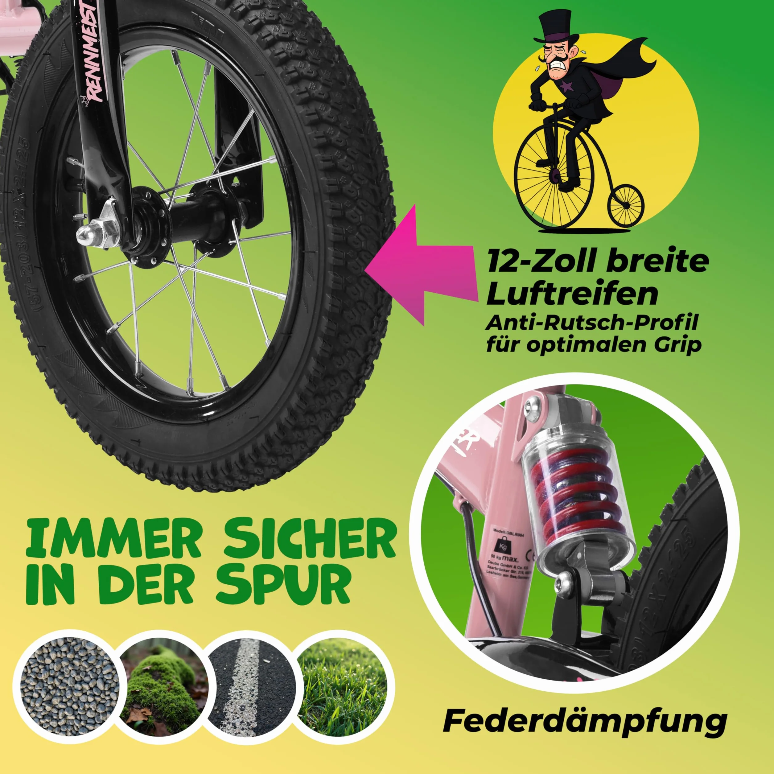 Laufrad ab 3 Jahren mit Bremse Balance Bike Kinder bis 50kg Lenker & Sattel Höhenverstellbar Lauflernrad Luftreifen Fahrradständer Federung Mädchen Rosa