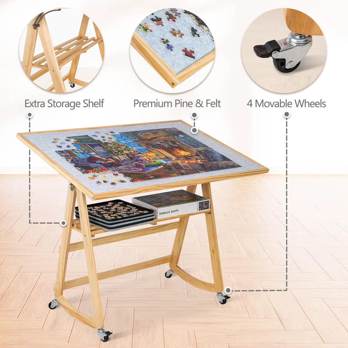 LAVIEVERT Puzzletisch mit Tischbeinen & Abdeckung, verstellbare Holz-Puzzlebrett-Staffelei mit Ablage, tragbarer kippbarer Puzzletisch mit 4 Rollrädern, für Puzzles mit 1500 Teilen