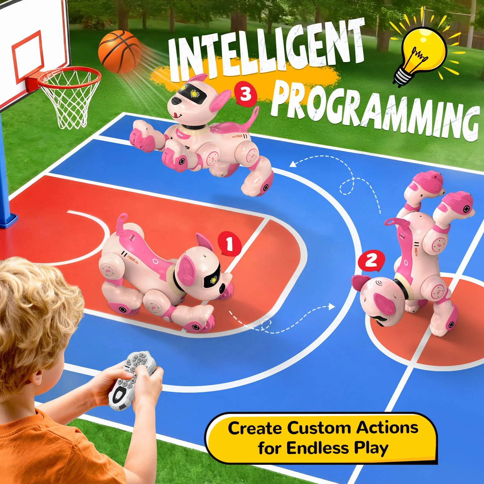 anysun Roboter Hund, Roboterhund Wiederaufladbar, Programmierbares Roboter-Spielzeug mit Follow-Funktion, Sprachbefehle, Fernbedienung, Berührungssensor, Kinder (Rosa)