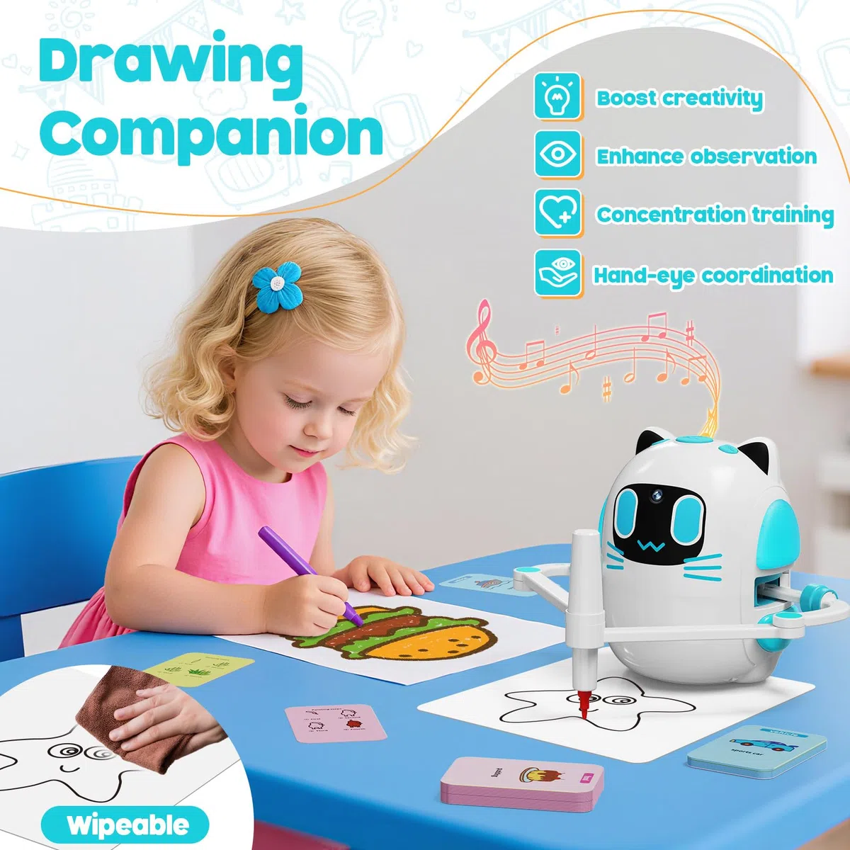 Intelligenter Zeichenroboter für Kinder mit Kameraerkennung – Zeichenprojektor für Kinder 3+ Jahre, Interaktiver Bildungs Roboter mit 150 Karten & 12 Bunten Stiften, Kinder