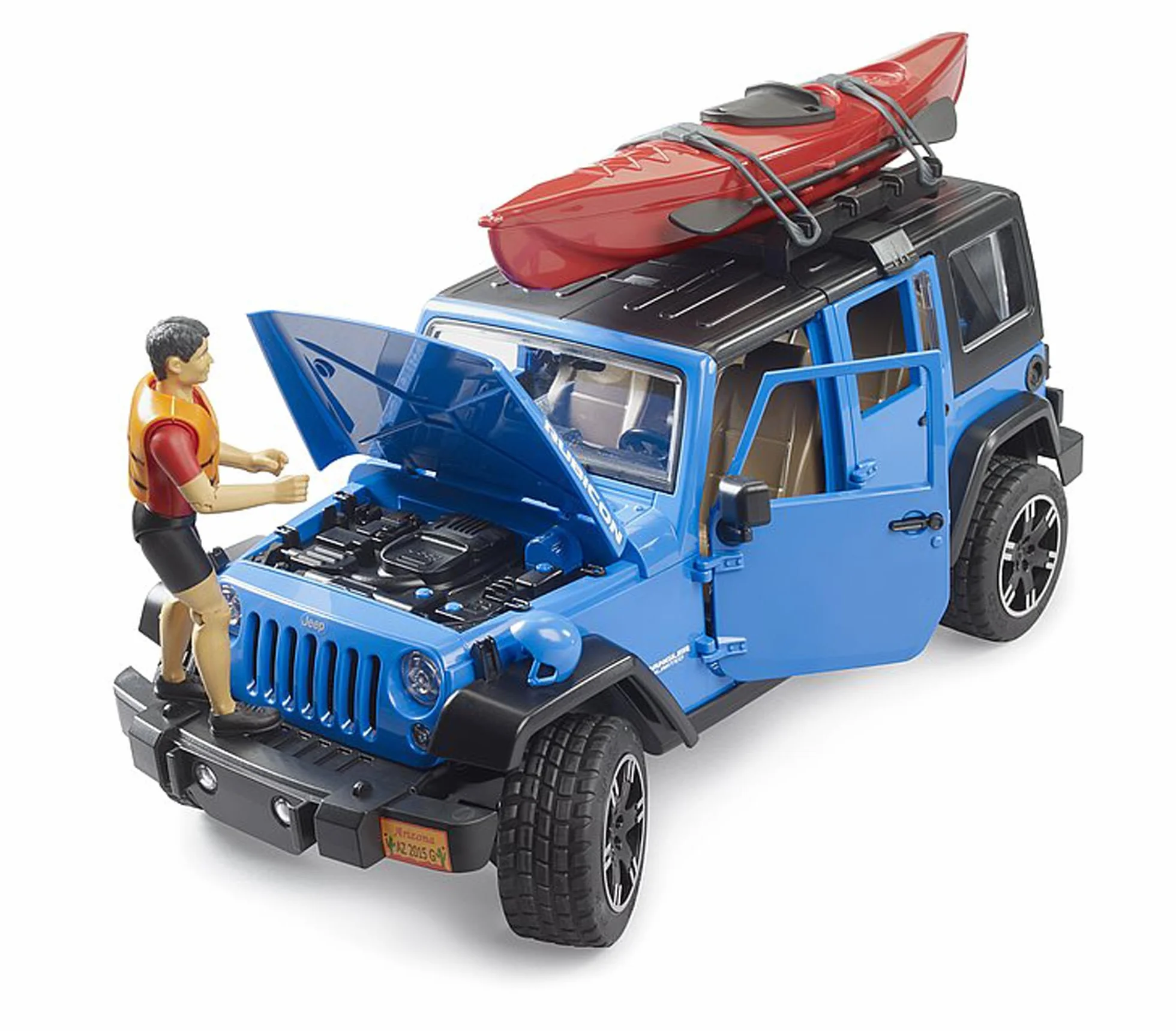 bruder 02529 - Jeep Wrangler Rubicon Unlimited mit Kajak & Figur - 1:16, Offroad Fahrzeug, Geländewagen, Auto, Spielzeug ab 4 Jahre