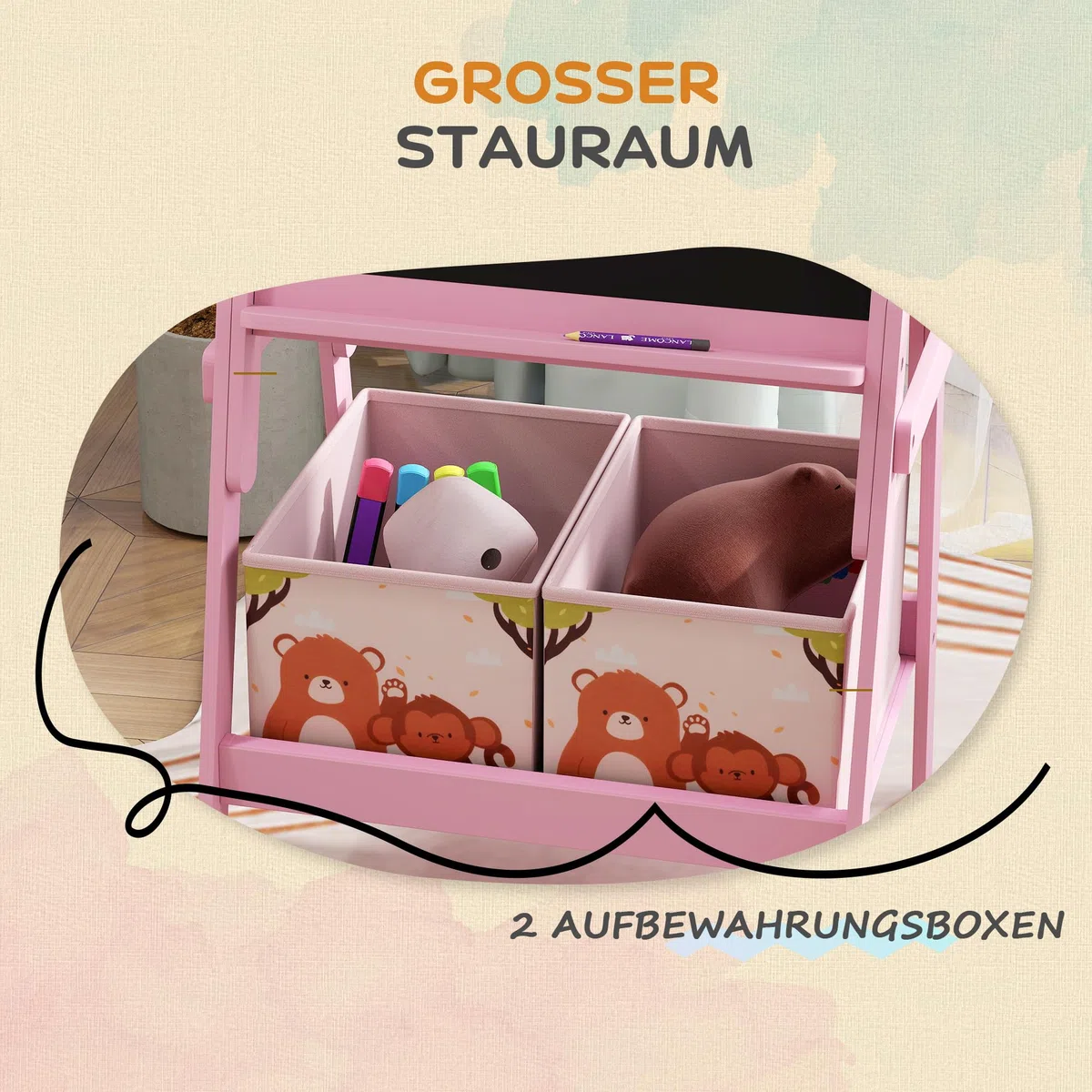 AIYAPLAY 2-in-1 Kindertafel, doppelseitige Kinder Staffelei, Staffelei mit Kreidetafel, Whiteboard, Aufbewahrungsboxen, für Kinder 3-8 Jahre, Rosa