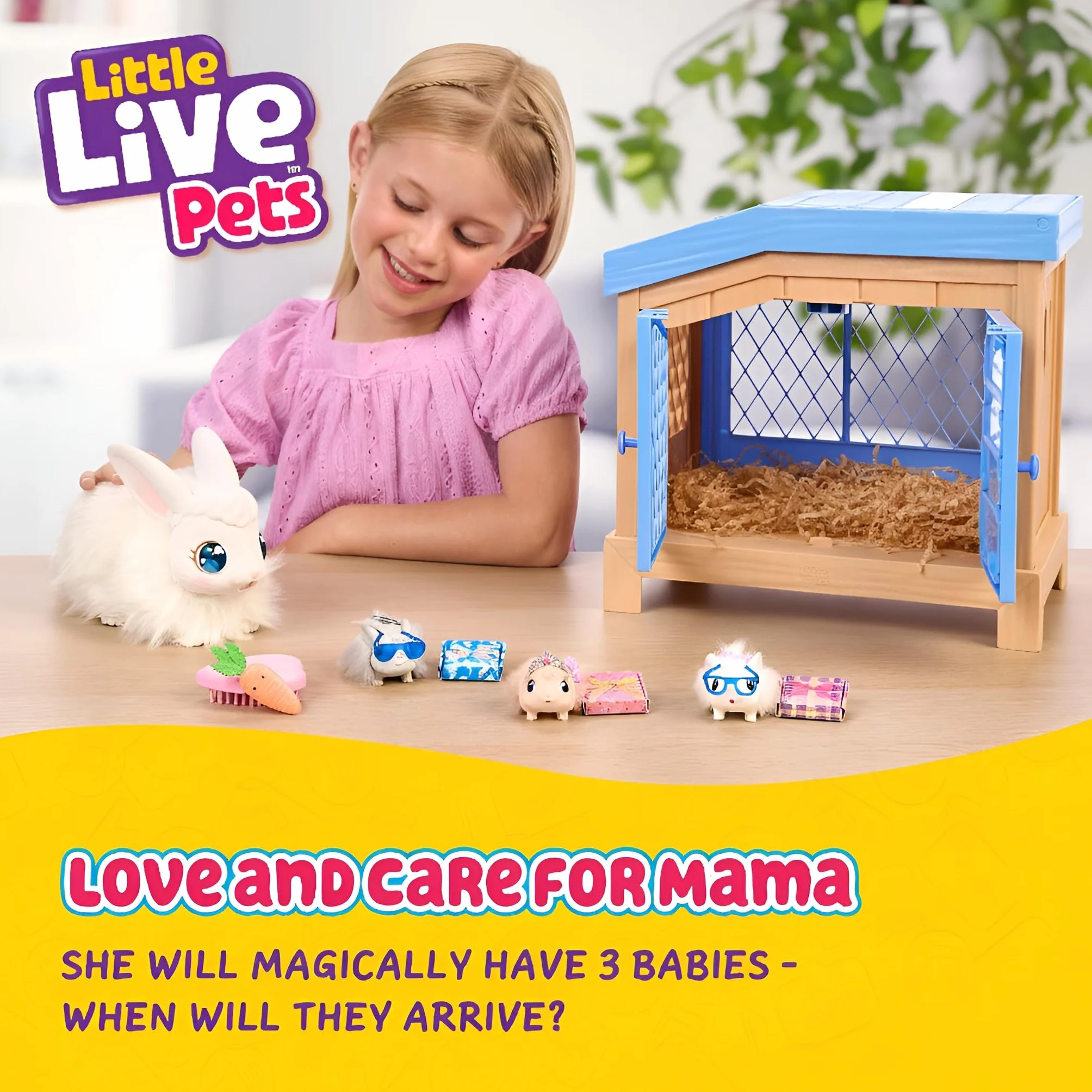 Little Live Pets Mama Surprise Häschen, Mama Häschen zum Füttern & Pflegen – bekommt 3 Babys, Interaktives Spielset mit Mama Häschen & Stall, 20+ Geräusche & Reaktionen, Accessoires zum Stylen