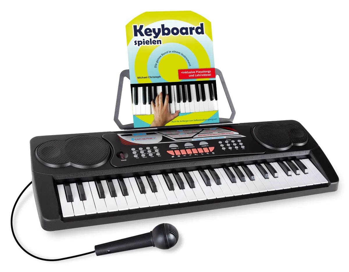 McGrey BK-4910BK Keyboard Set - 49 Tasten Einsteiger-Keyboard mit 16 Sounds, 10 Rhythmen 8 Percussion-Sounds & 6 Demo-Songs - inkl. Mikrofon, Notenständer und Keyboardschule - Schwarz