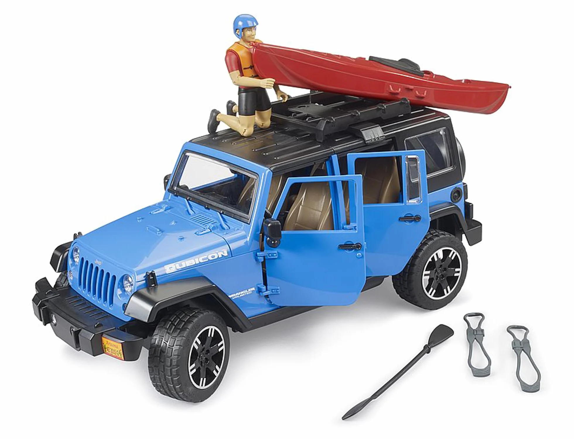 bruder 02529 - Jeep Wrangler Rubicon Unlimited mit Kajak & Figur - 1:16, Offroad Fahrzeug, Geländewagen, Auto, Spielzeug ab 4 Jahre