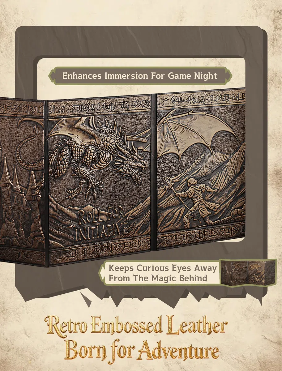 Trymaker Dm Screen, 5e DND Spielleiterschirm, Dungeons and Dragons zubehör, Kunstleder DM Sichtschirm mit Regel-Referenzkarten, Einer Aufbewahrungshülle