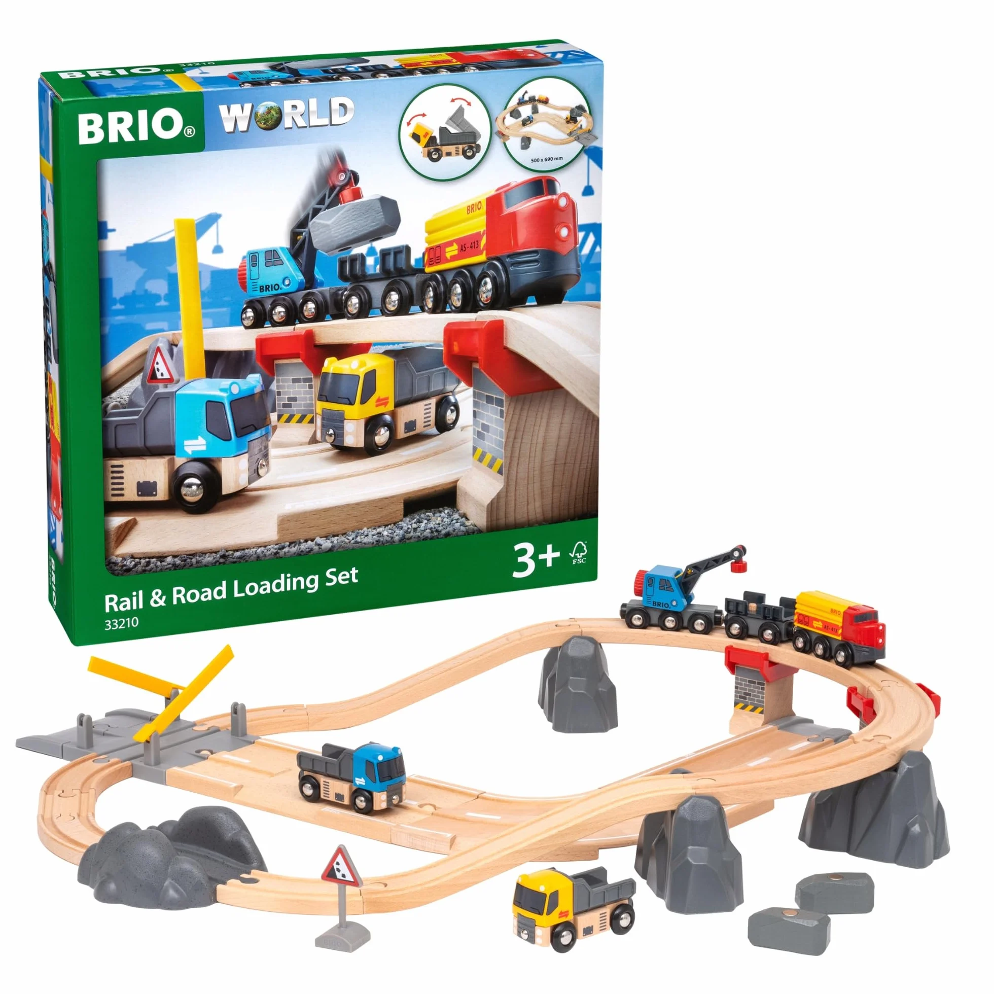 BRIO World 33210 Straßen & Schienen Steinverlade Set - Inklusive Frachtlok mit Kranwagen, Zwei LKWs und Straßenplatten - Geeignet für Kinder ab 3 Jahren